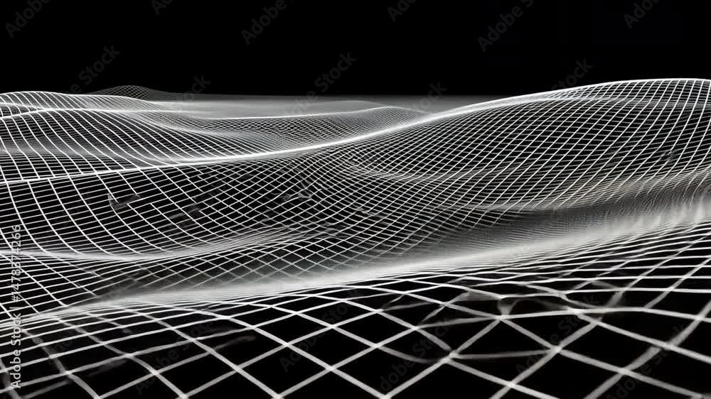 Poster futuristic digital design abstract waves and grid patterns showcasing depth and movement in technolo