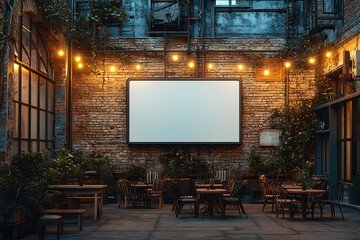 Cozy Outdoor Space Mockup with Blank Screen String Lights Wooden Tables and Greenery

