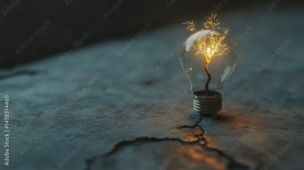 Poster light bulb filled with a growing tree in a unique conceptual design