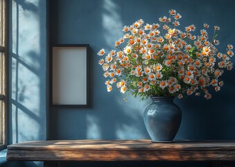Vibrant Vase Mockup with Orange and White Flowers on Wooden Table Against Blue Wall

