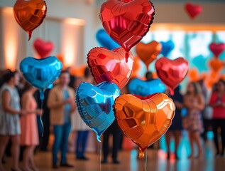 Colorful heart-shaped balloons floating above a cheerful crowd at an indoor celebration, capturing the joyful spirit of love, romance, togetherness, and festive atmosphere
