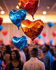 Colorful heart-shaped balloons floating above a cheerful crowd at an indoor celebration, capturing the joyful spirit of love, romance, togetherness, and festive atmosphere
