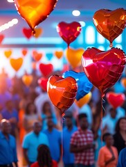 Colorful heart-shaped balloons floating above a cheerful crowd at an indoor celebration, capturing the joyful spirit of love, romance, togetherness, and festive atmosphere
