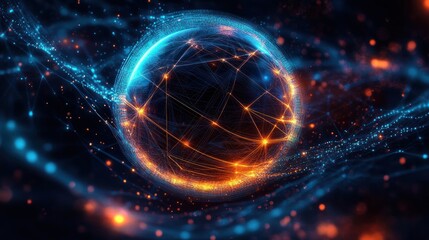 Obraz premium Glowing digital sphere surrounded by flowing blue and orange light streams with interconnected bright nodes, representing dynamic energy and technological connectivity
