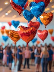 Colorful heart-shaped balloons floating above a cheerful crowd at an indoor celebration, capturing the joyful spirit of love, romance, togetherness, and festive atmosphere
