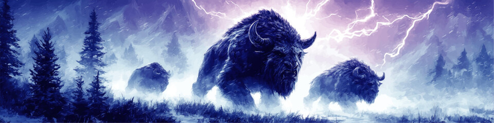 Epic Fantasy Vector Illustration of Majestic Mythical Bison Herd Charging Through Misty Mountain Storm with Lightning Strikes In Dramatic Magical Landscape Scene