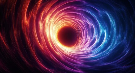 Colorful swirling vortex with glowing vibrant rings transitioning from warm red and orange hues to cool purple and blue shades surrounding a dark central void