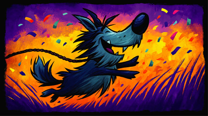 Happy Playful Cartoon Dog Running Joyfully Through Colorful Confetti Celebration Background Illustration Fun Vibrant Vector Art for Party Decor and Children's Joyful Themes