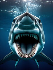 Fototapeta premium Close-up of a great white shark underwater with mouth wide open, showcasing sharp teeth and aggressive expression, symbolizing danger, marine life, and apex ocean predator 