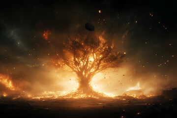 Burning tree in fiery landscape