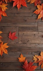 Obraz premium Vibrant red and orange maple leaves scattered on rustic wood , autumn, vibrant, foliage