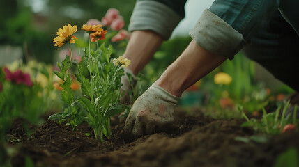 Naklejka premium Gardener Planting Flowers in a Garden