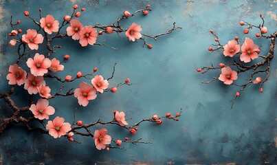 Cherry Blossom Mockup with Pink Flowers on Dark Branches and Textured Teal Background

