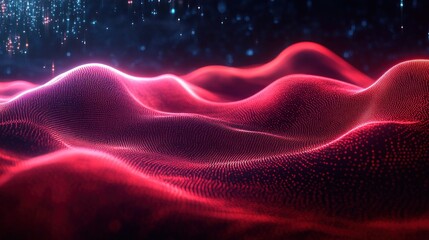Obraz premium Abstract digital landscape with glowing red and pink wave-like formations composed of numerous tiny dots under a dark starry background emitting a futuristic and vibrant atmosphere