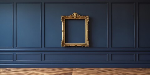 Elegant empty golden baroque picture frame mounted on a dark navy blue paneled wall, combining luxury interior design with classic vintage art aesthetics and rich decorative style
