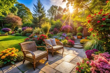 Obraz premium Modern Backyard Garden Design: Flowers, Seating & Landscaping Ideas