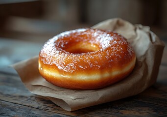 Glazed Donut Mockup on Brown Paper with Shiny Frosting and Rustic Wooden Background


