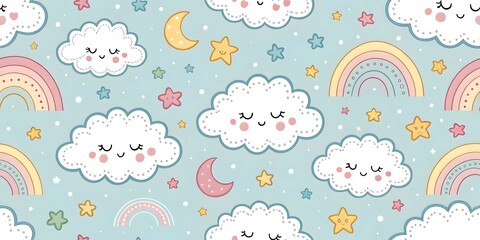 Seamless Pastel Cloud, Rainbow, and Star Pattern for Kids