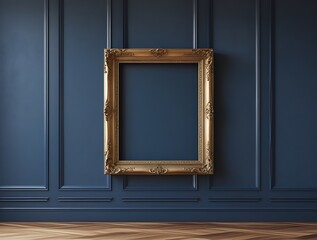 Elegant empty golden baroque picture frame mounted on a dark navy blue paneled wall, combining luxury interior design with classic vintage art aesthetics and rich decorative style
