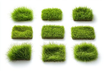 Green grass patches isolated on white background for miniature landscapes, dioramas.