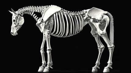 Side view of a complete horse skeleton on a black background showing skull, spine, ribs, legs, and tail bones in detailed anatomical structure
