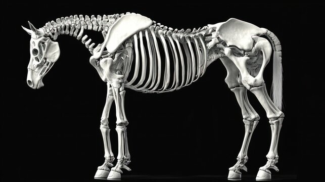 Side view of a complete horse skeleton on a black background showing skull, spine, ribs, legs, and tail bones in detailed anatomical structure