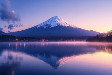 Snow-capped mountain reflected in calm lake water at sunset with soft pastel sky and distant forest and town lights creating peaceful atmosphere