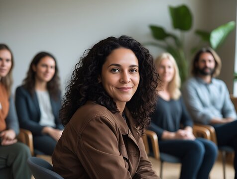 Group therapy or counseling session with people seated in a circle, highlighting teamwork, emotional support, diversity, and personal growth in a safe and inclusive space


