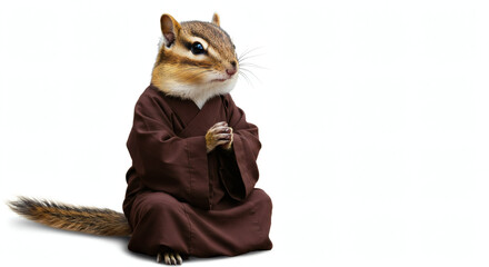 Fototapeta premium Chipmunk Dressed as a Monk Sitting Calmly, white background