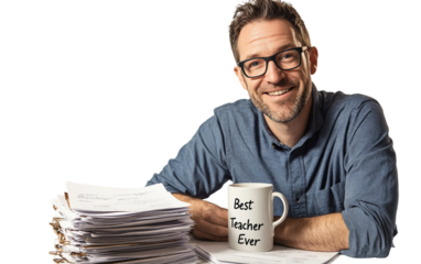 Educator with papers in one hand and a coffee mug in the other, ready for the day isolated on white background PNG