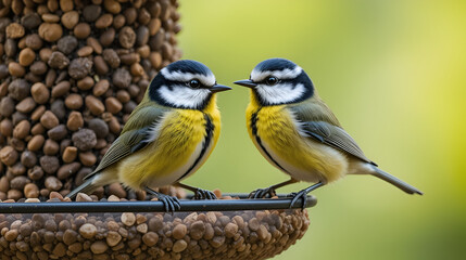 Fototapeta premium Couple of great tit birds eating from a bird feeder