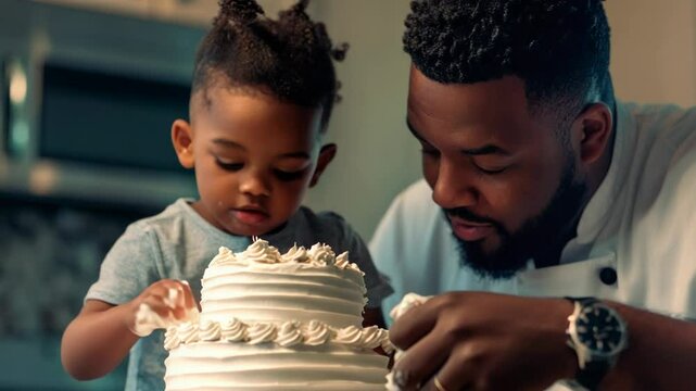 A father and child joyfully decorate a cake together, sharing a precious bonding moment in the kitchen.
