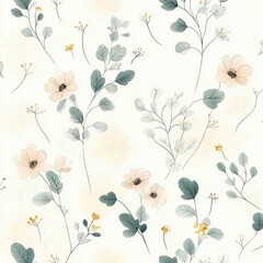 Delicate floral pattern with soft peach flowers, small yellow buds, and light green eucalyptus leaves on a creamy white background conveying calm and gentle elegance