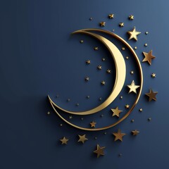 Naklejka premium minimalist Ramadan crescent moon and stars gold and navy on moon .
