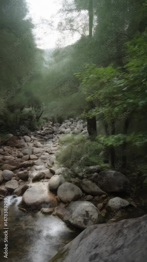 Poster forest stream flowing over rocks creating small cascades under green trees during daytime.