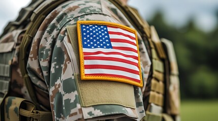Soldier in camouflage uniform proudly displaying the United States flag patch, representing strength, duty, army identity, and loyalty to country and armed forces



