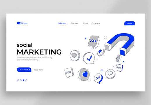 Minimal Social Marketing Webpage with Magnet Pulling 3D Icons