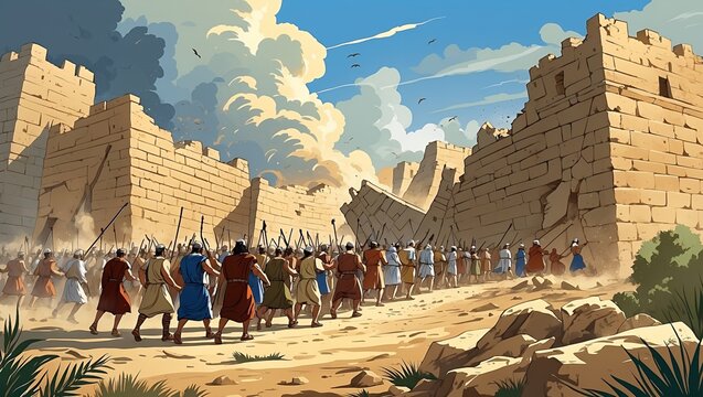 The israelites march as jericho's walls fall