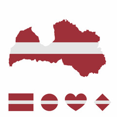 Vector set of Latvia high detailed map flag and national flag round badge isolated on white background.