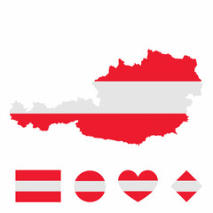 Vector set of Austria high detailed map flag and national flag round badge isolated on white background.
