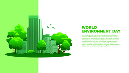 World Environment Day Background - Building green cityscape and tress, perfect for environmental campaigns, posters, educational content, social media visuals and web banner 