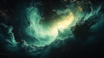 Obraz premium Vast swirling cosmic nebula with bright glowing core and dense clouds of gas and dust illuminated in teal and yellow hues against a star-filled deep space background