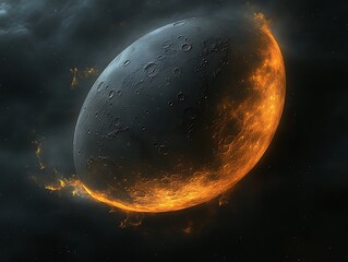A fiery moon in stormy space