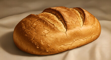 Freshly baked bread loaf rests on a rustic cloth. Warm and crusty homemade bread.