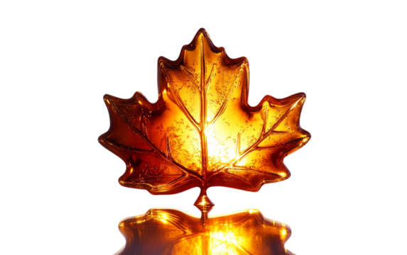 Maple syrup bottle shaped like a maple leaf, crafted from glass for a unique and decorative look isolated on white background PNG