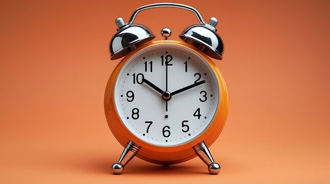 Classic metallic alarm clock on bright orange backdrop showing ten o’clock, conveying time concept, retro style, and morning wake-up reminder for time-related themes


