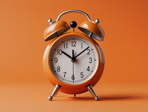 Classic metallic alarm clock on bright orange backdrop showing ten o’clock, conveying time concept, retro style, and morning wake-up reminder for time-related themes


