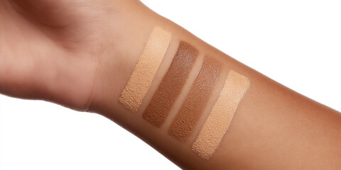 A forearm displays four swatches of different skin-toned makeup. Neutral skin tone palette