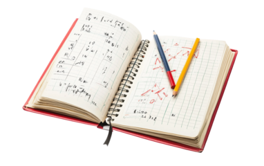 Handwritten answers in a math workbook, with a pencil placed beside it for continued work isolated on white background PNG