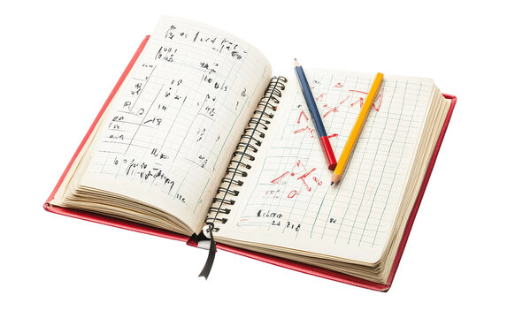 Handwritten answers in a math workbook, with a pencil placed beside it for continued work isolated on white background PNG